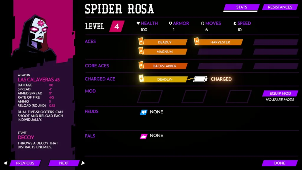 Spider Rosas's stat menu, featuring his skills, mods, feuds, and pals. 