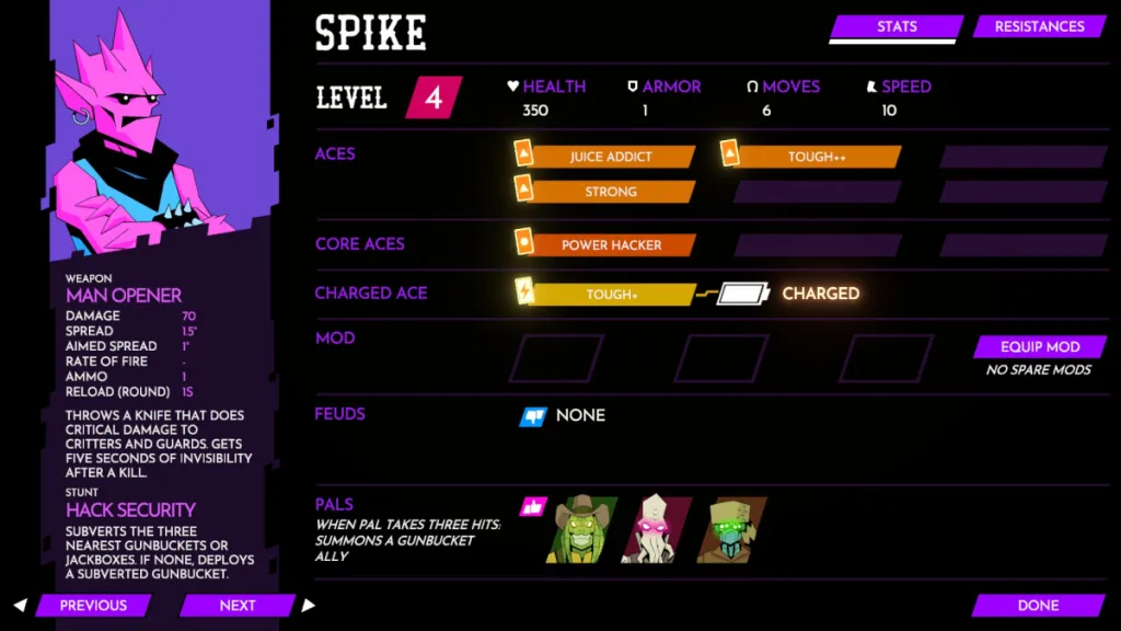 Spike's stat menu, featuring his skills, mods, feuds, and pals. 