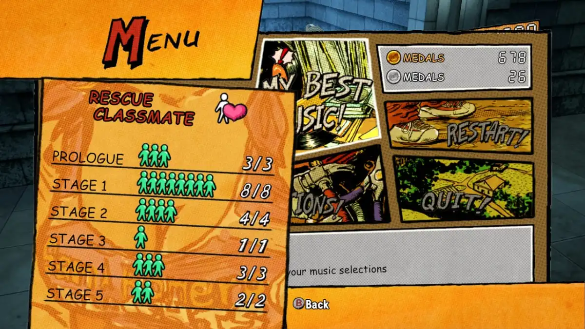 Image of the menu screen in Lollipop Chainsaw RePop, with a document open  with the header "Rescue Classmate" and the number of classmates saved 