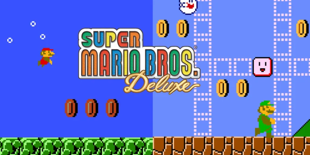 Mario and Luigi swim and run around the Super Mario Bros. Deluxe title card