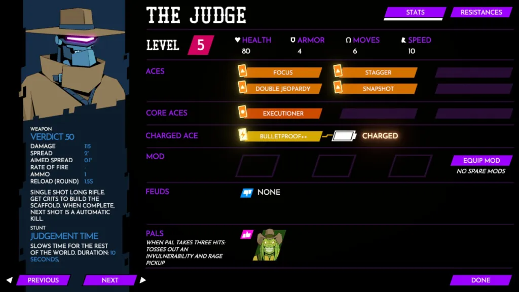 The Judge's stat menu, featuring his skills, mods, feuds, and pals. 