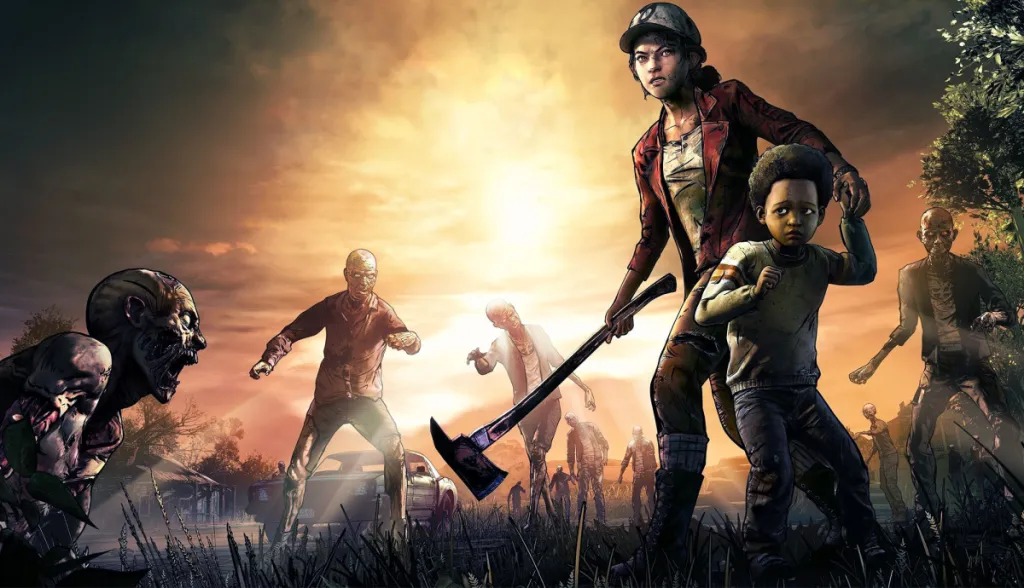 Clementine holds a child's hand while facing zombies with an ax