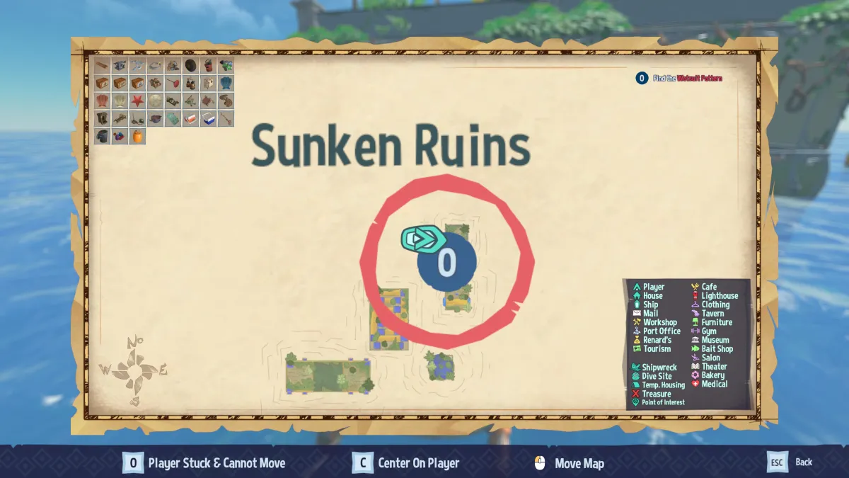 Image of a map that's zoomed in to highlight the player's boat beside a building in Sunken Ruins