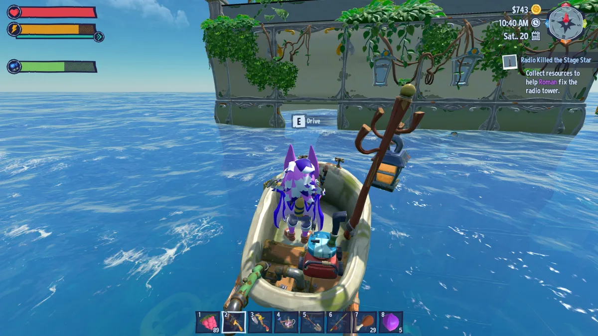 Image of a wolf on a boat looking at a white building covered with plants in Critter Cove