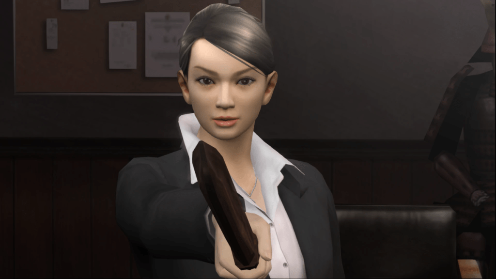 Sayama holds up a night stick