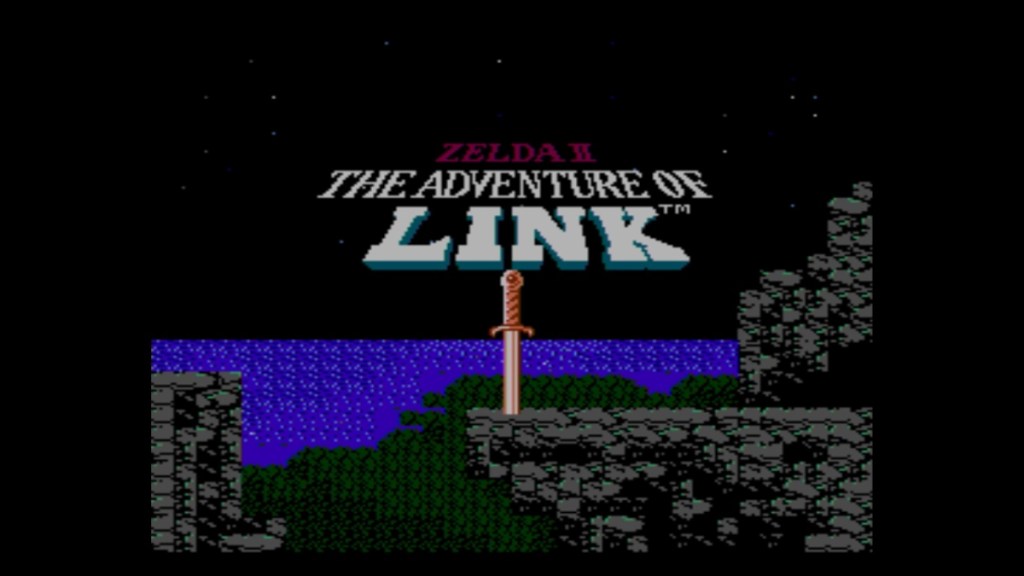 Title Screen of Zelda II: The Adventures of Link, featuring a sword plunged into a cliff with an ocean behind