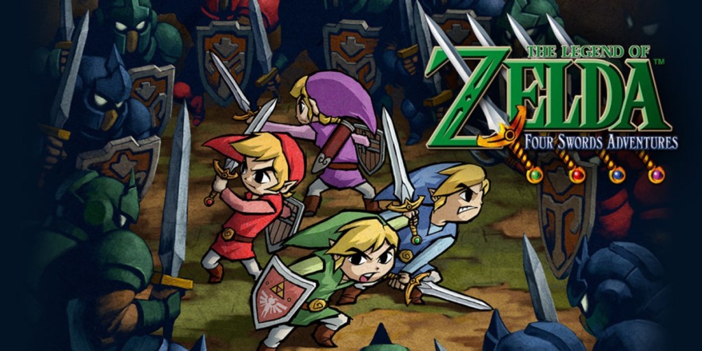 Key Art for The Legend of Zelda: Four Swords Adeventures, featuring four Links in different colors fighting off a horde of enemies