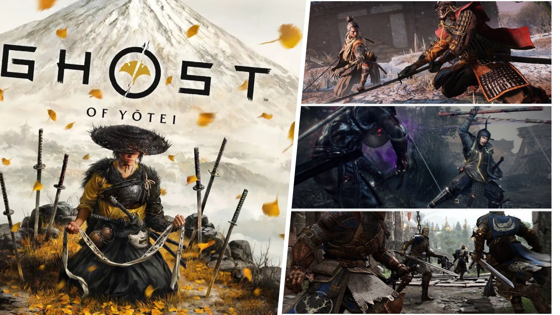 4 Split image of ghost of yotei, sekiro and For honor