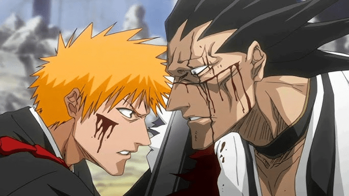 Injured Kenpachi and Ichigo staring at each other while fighting