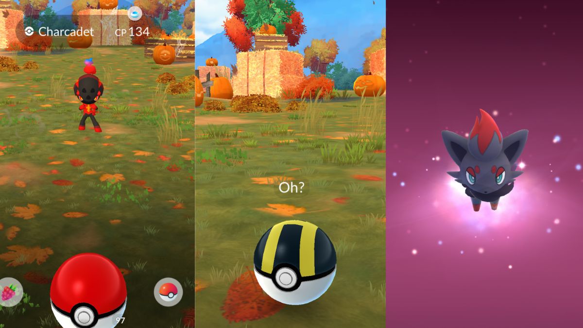 Screenshot showing the three stages of Catching Zorua in Pokemon GO