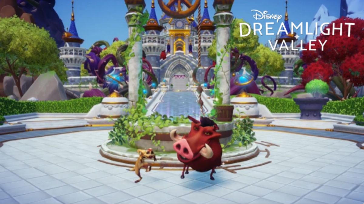 Image of Timon and Pumba in front of the castle in Disney Dreamlight Valley