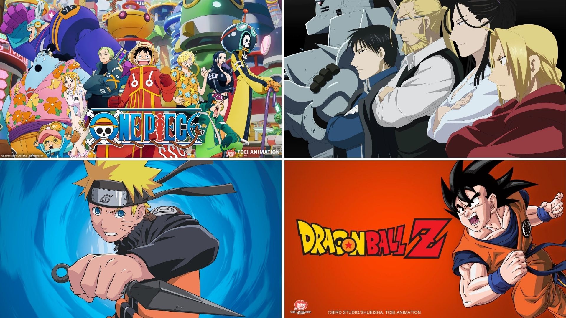 four image collage, Dragon Ball Z, Naruto, One Piece, FMAB