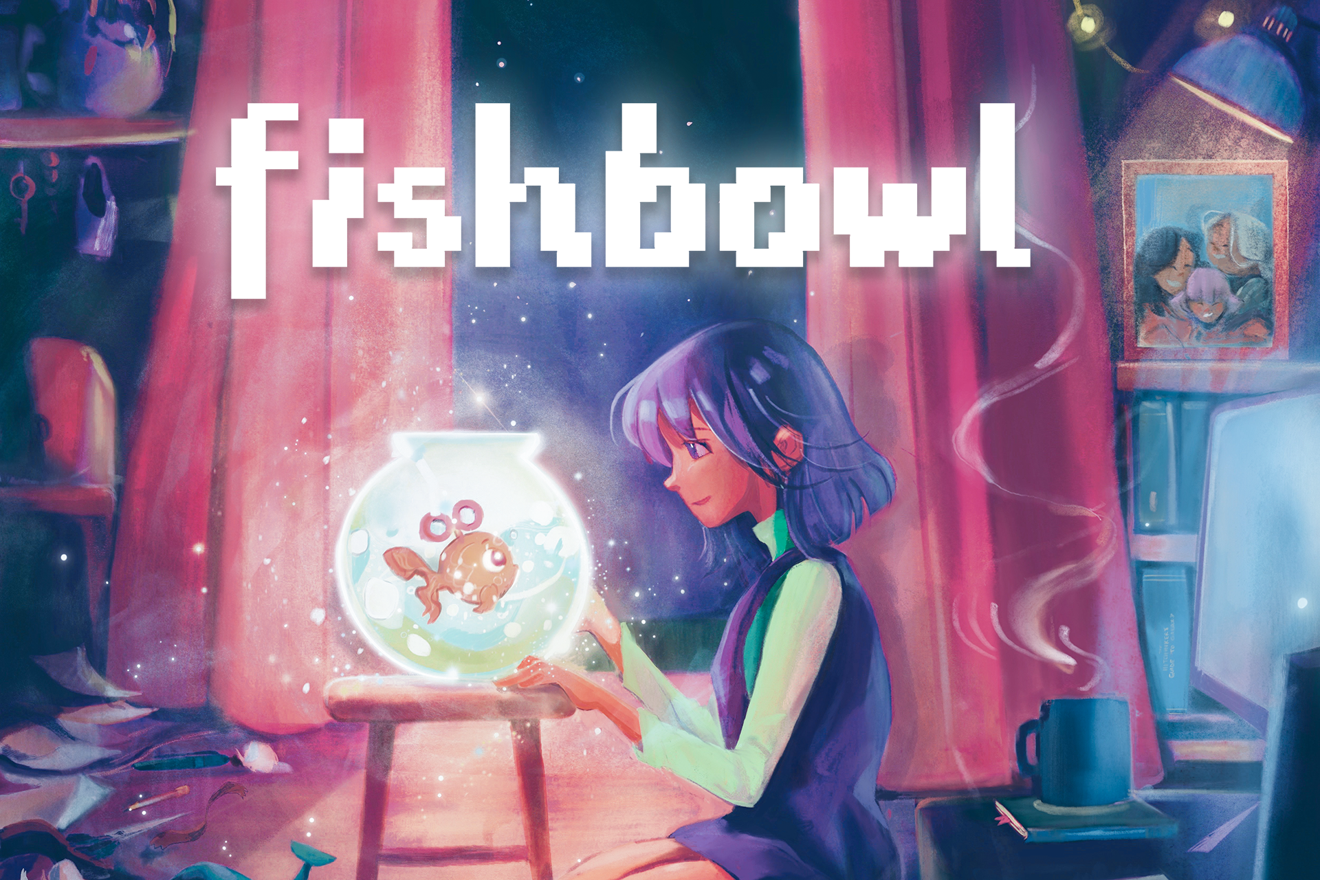 Title picture of the game Fishbowl, with protagonist Alo looking at a mechanical fish in a bowl