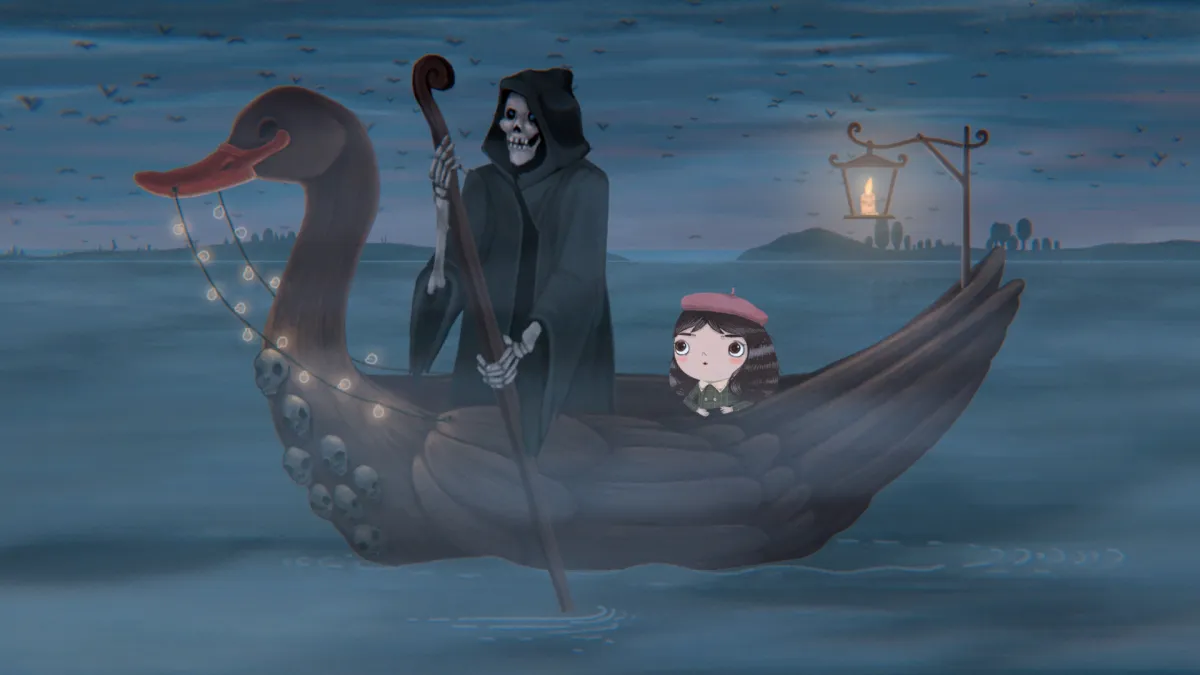 Little Misfortunate riding in a boat with the grim reaper