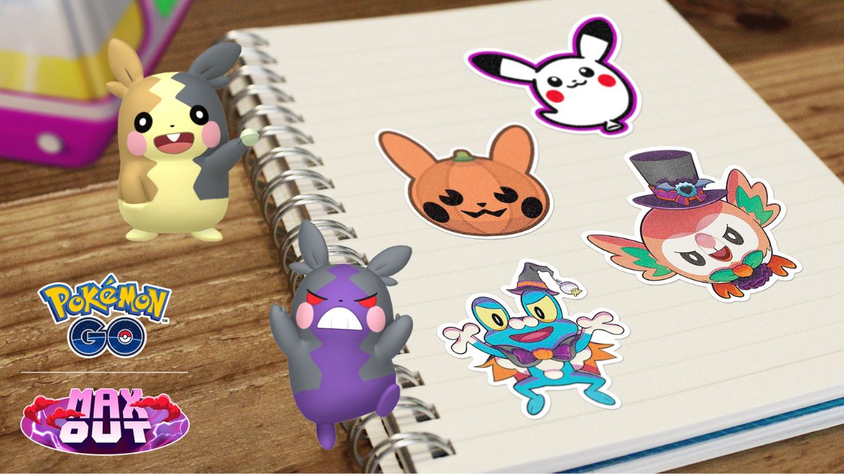 Image of the Halloween stickers for Pokemon GO Halloween Event Part 1, with both forms of Morpeko standing nearby