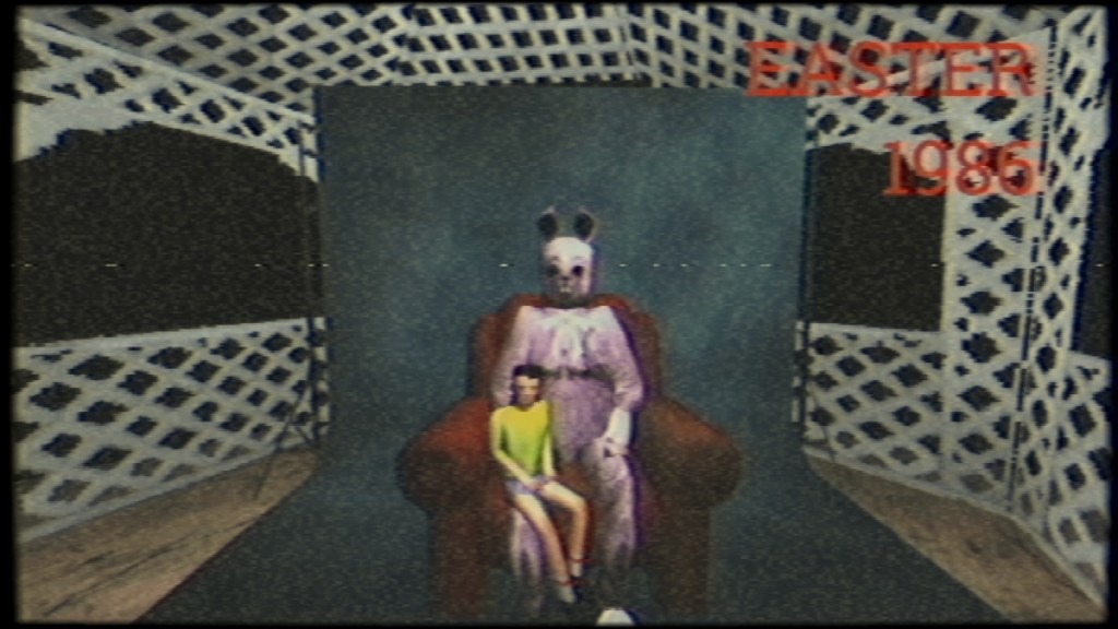 child sitting on the lap of a scary teddy bear in Murder House