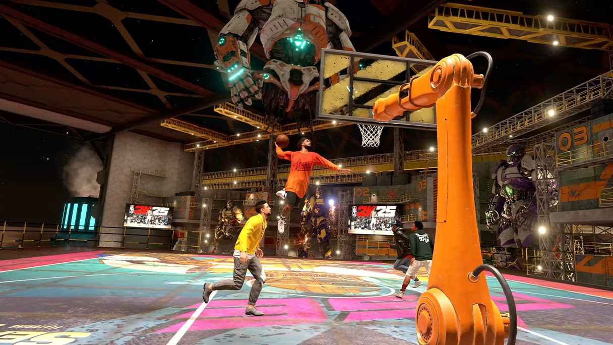 Player dunking on another player in NBA 2K25