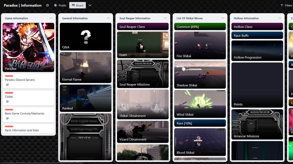 Roblox Paradox Trello page.