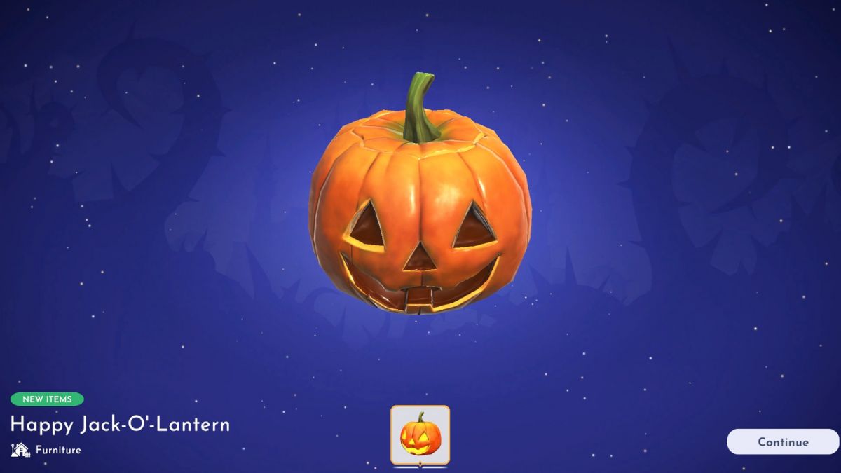 Screenshot showing the Jack O Lantern you get in Dreamlight Valley for completing the Sugar Rush dreamlight duty