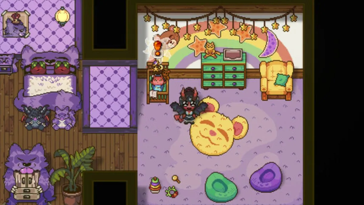 Sun Haven gameplay screenshot showing a decorated room and custom player character