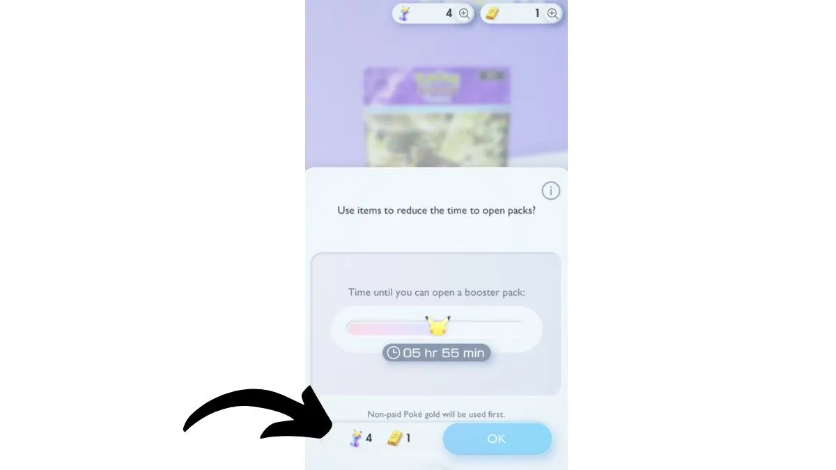 Screenshot showing how to use tems to open free packs Pokemon TCG Pocket