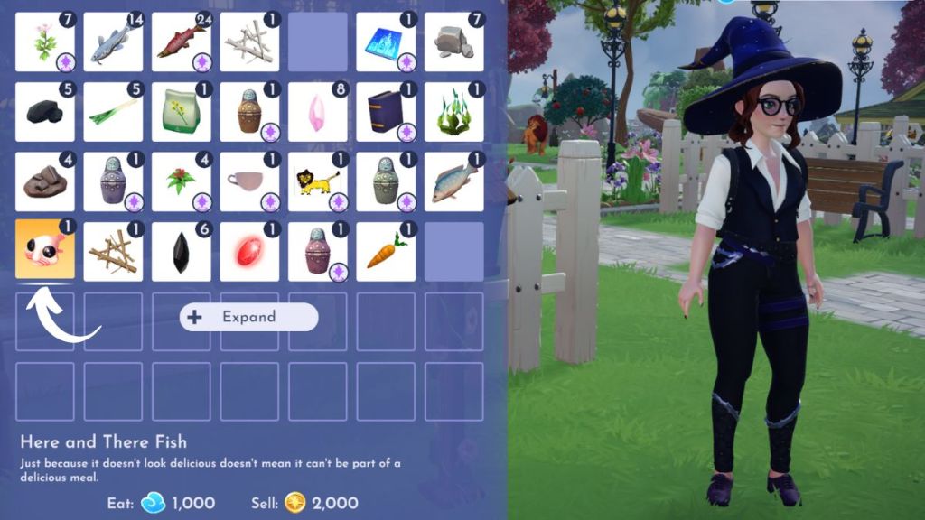 Screenshot showing a player's inventory in Disney Dreamlight Valley, with an arrow pointing to the Here and There Fish 