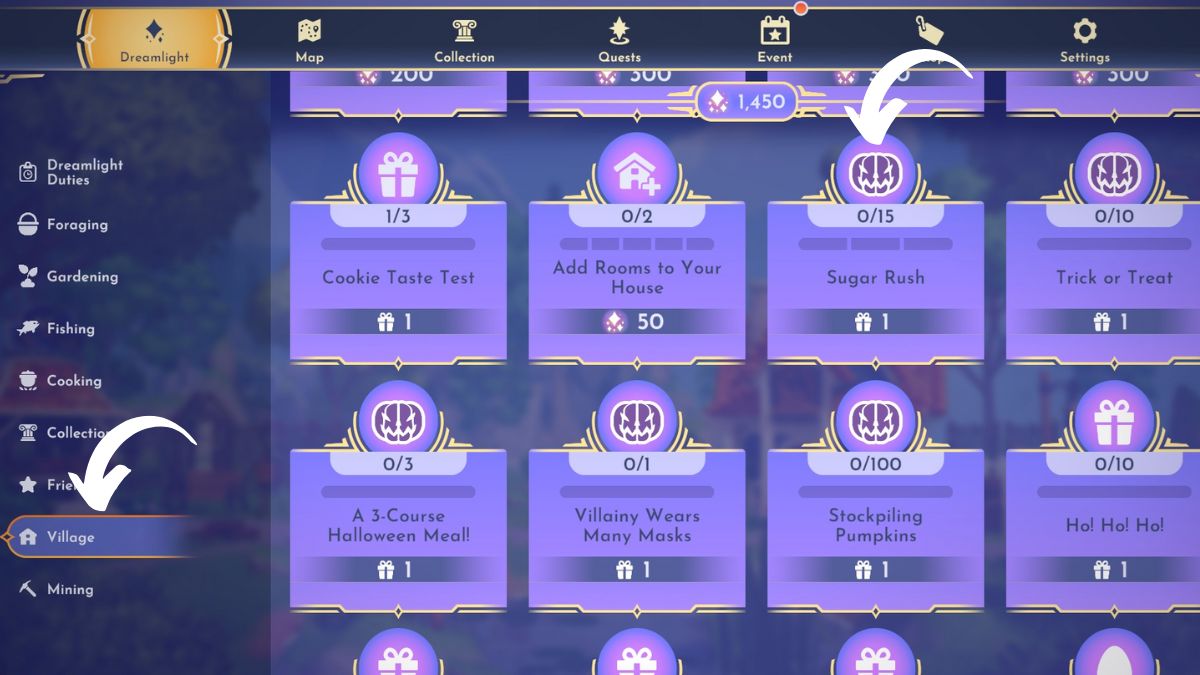 Screenshot from Disney Dreamlight Valley, showing the Halloween event Dreamlight Duties menu