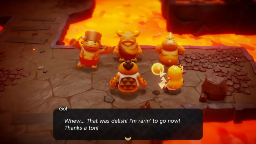 Three Gorons thank Zelda for giving them food