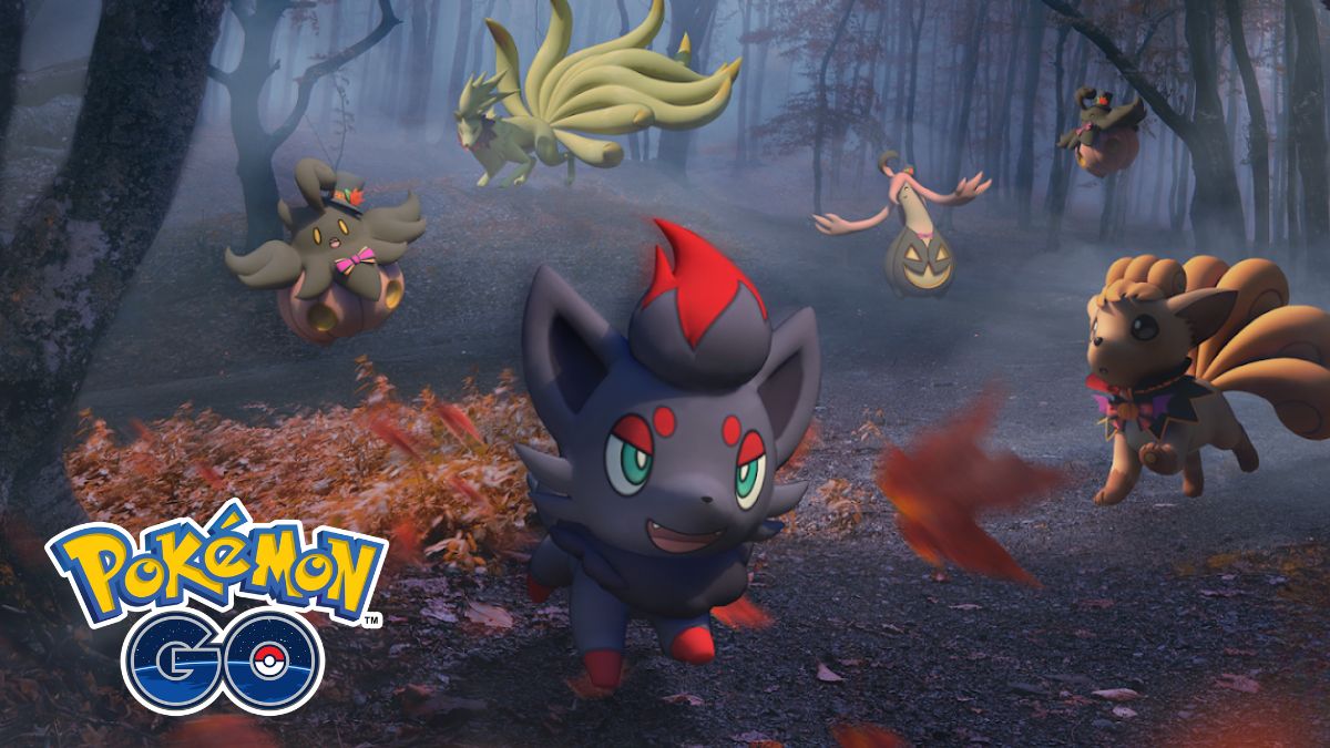 Zorua in a fall background with the Pokemon GO logo in the corner