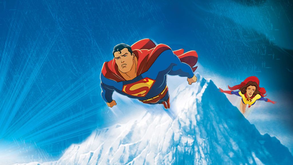 Superman and Lois Lane fly from a glacier as part of an article about the best DC animated movies.