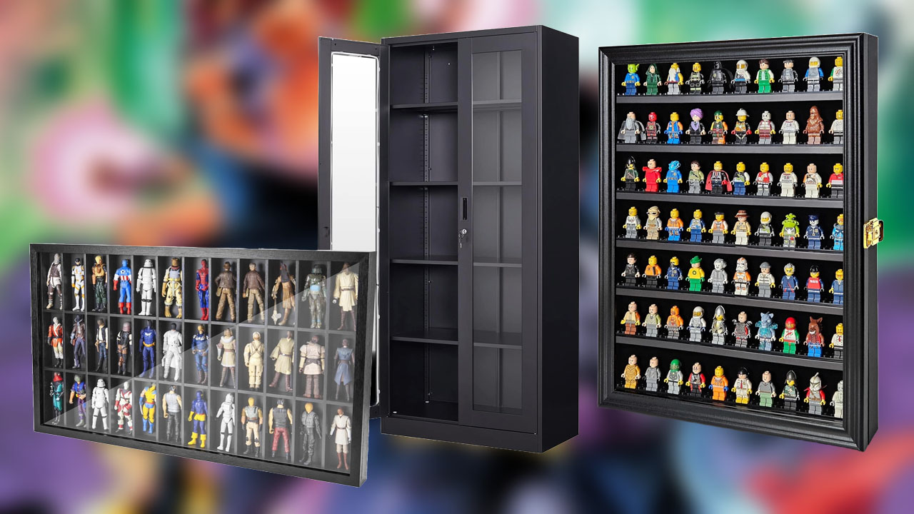 Action figure display cases, two of them with action figures in them.