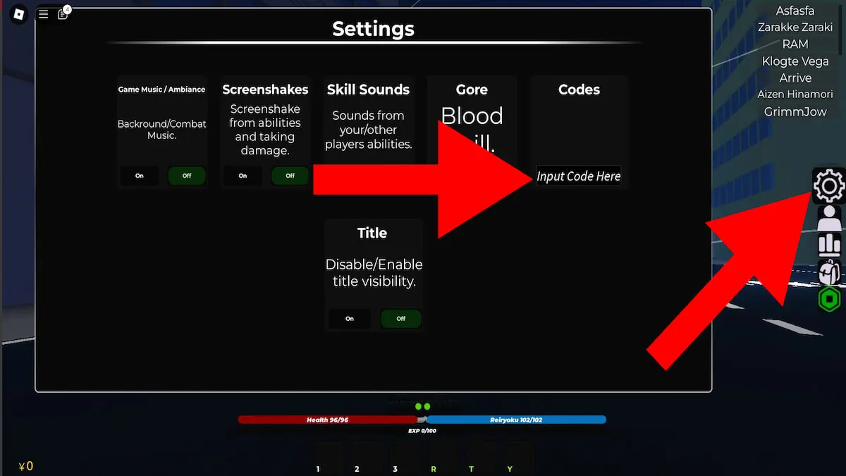 Screenshot of the Bleach: Lost Souls settings and codes system. 