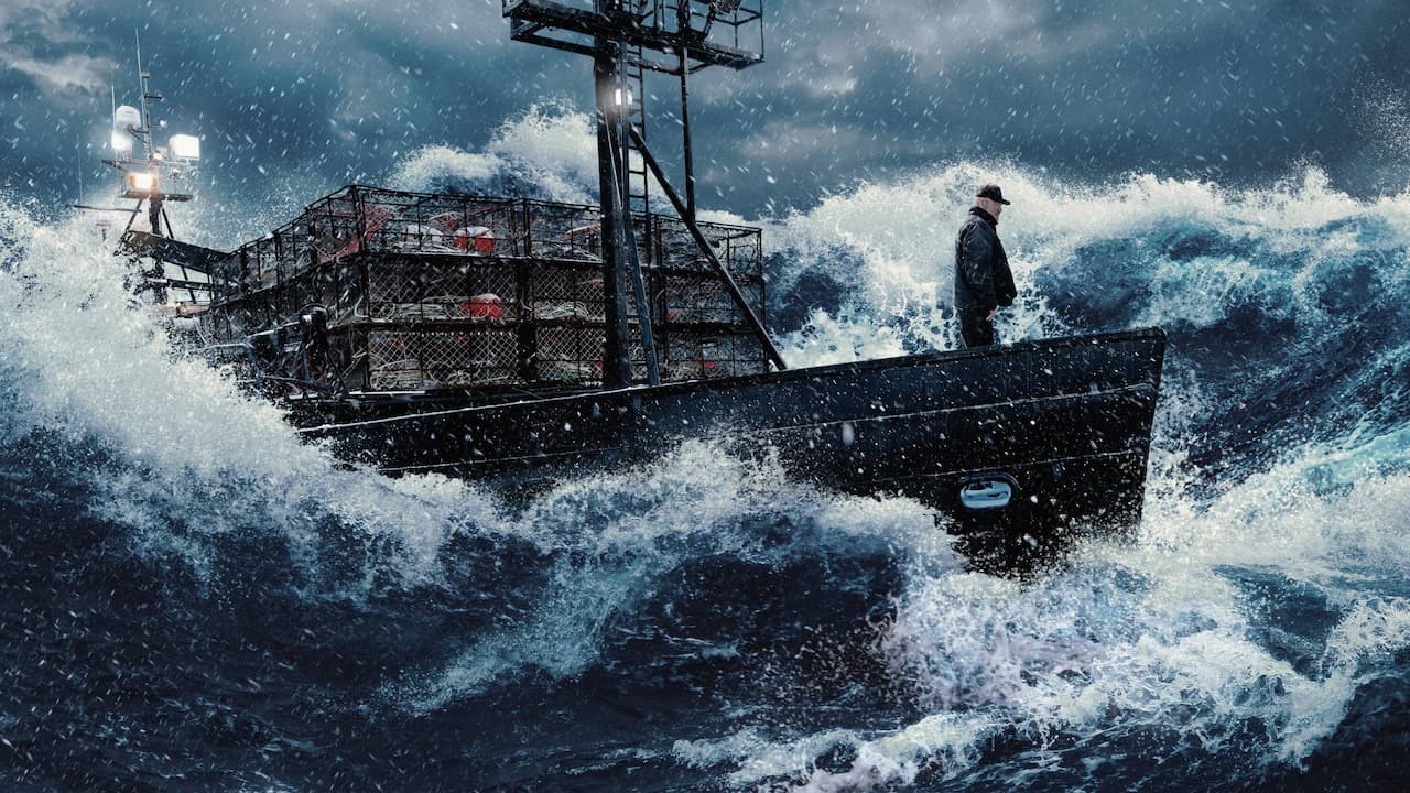 Deadliest Catch, a ship in rough waters with a man standing on the deck.