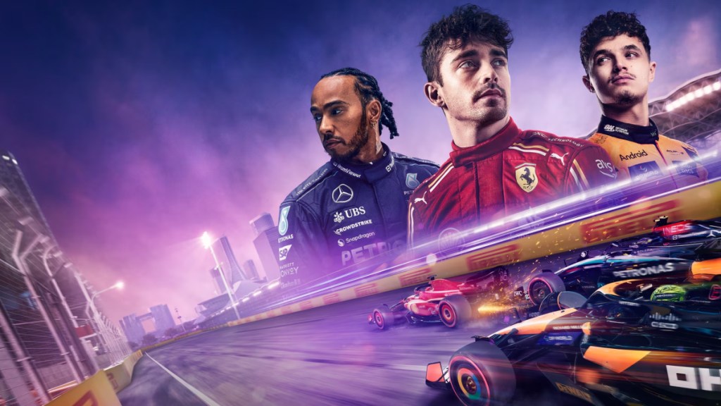 Key art of F1 24 with the racers looking over a track