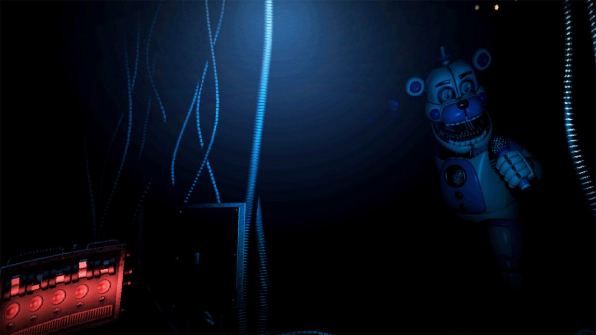 Five Nights at Freddy's: Sister Location, a darkened room with a mascot opening its mouth and holding a microphone. 