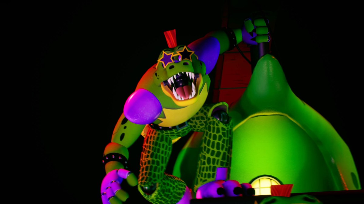 Five Nights at Freddy's: Security Breach, an animatronic gator coming towards the player. 