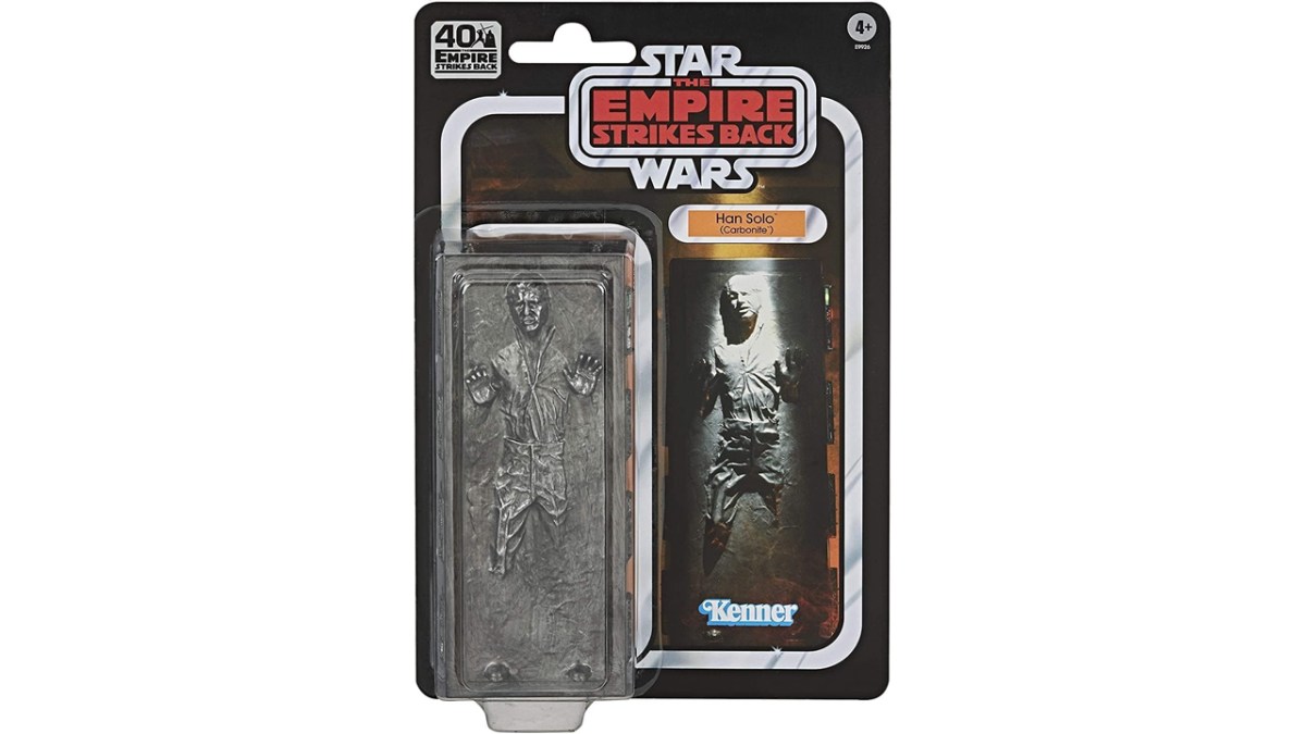 A figure of Han Solo in carbonite. 