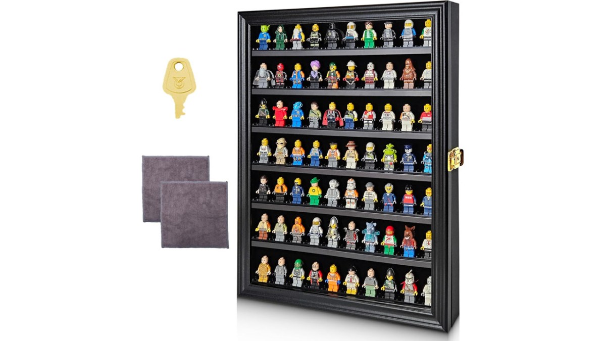 A Hatovo Lego Minifigure display case, with figures. 