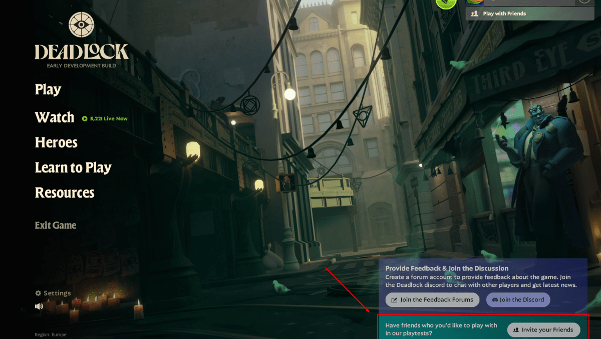Deadlock Home Screen with Playtest invite highlighted 