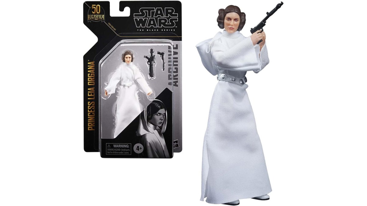 A Black Series Princess Leia figure, in packaging and out of packaging, holding a gun. 