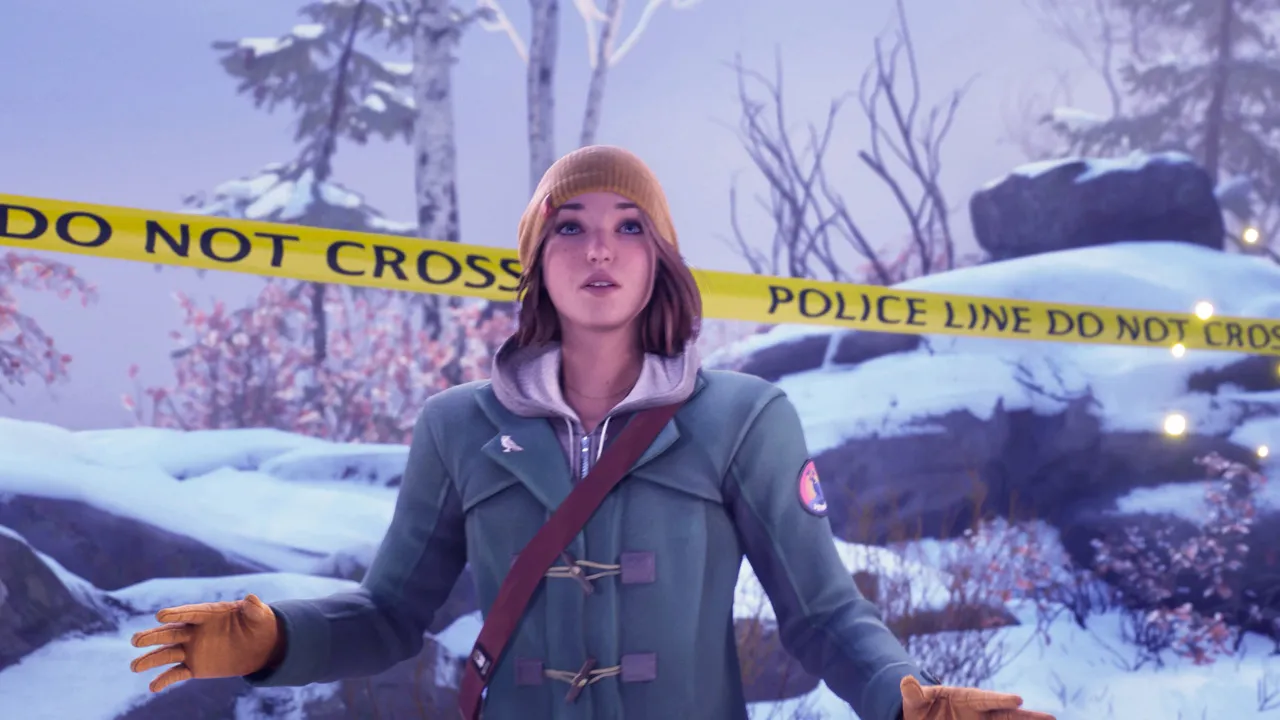 Life is Strange: Double Exposure, Max Caulfield, arms outstretched, standing in front of police tape.