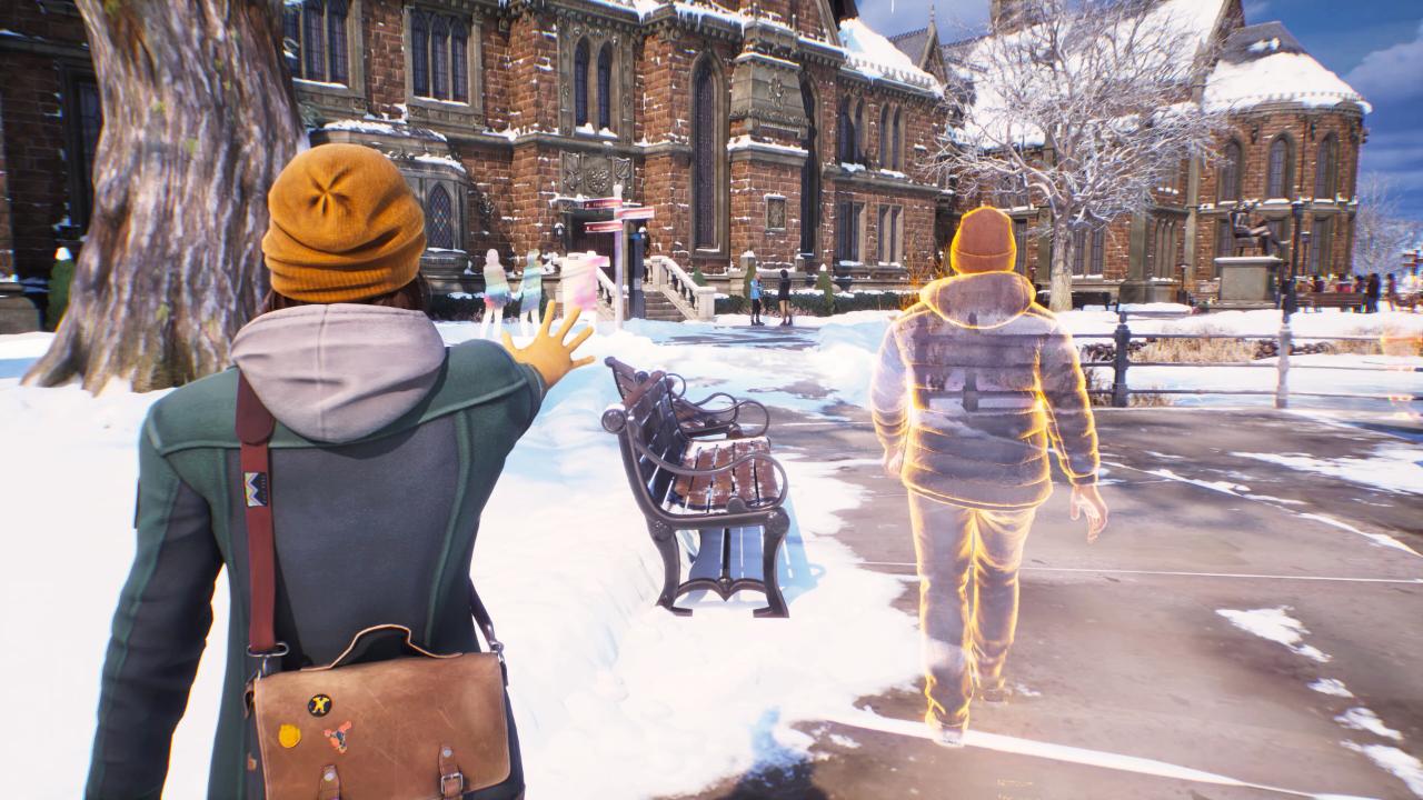 Life is Strange: Double Exposure, Max walking through a snow university quad with a ghostly figure in front of her.