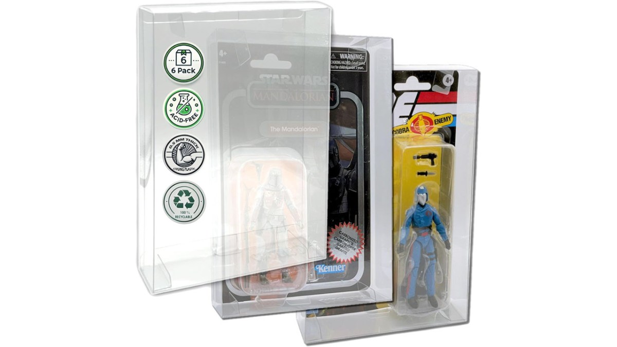 A MALKO 6 Pack Display Case for Carded 3.75 Inch Action Figure, with a Star Wars and GI Joe figure in boxes. 