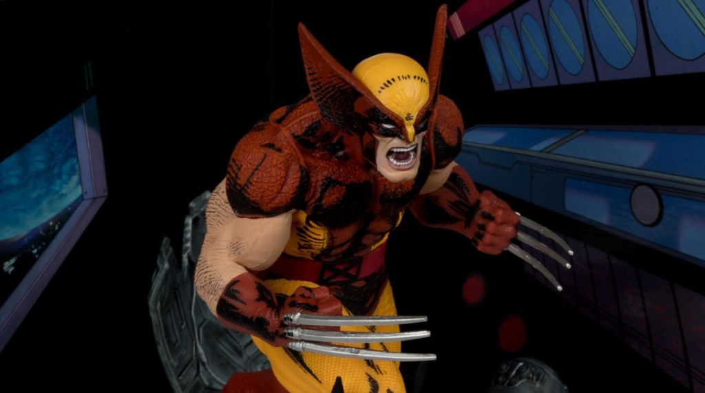 Wolverine growls in front of a futuristic backdrop