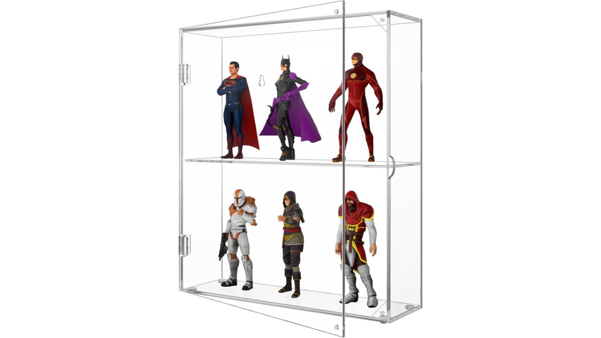  A NIUBEE Acrylic Display Case with six action figures in it, including Batwoman and Superman. 