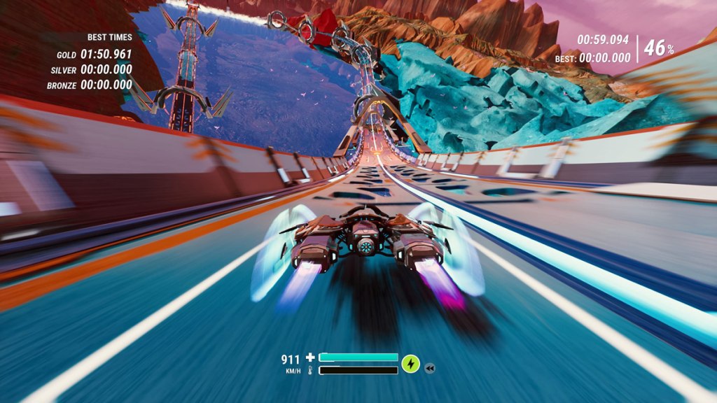 An anti-gravity vehicle races down a futuristic track