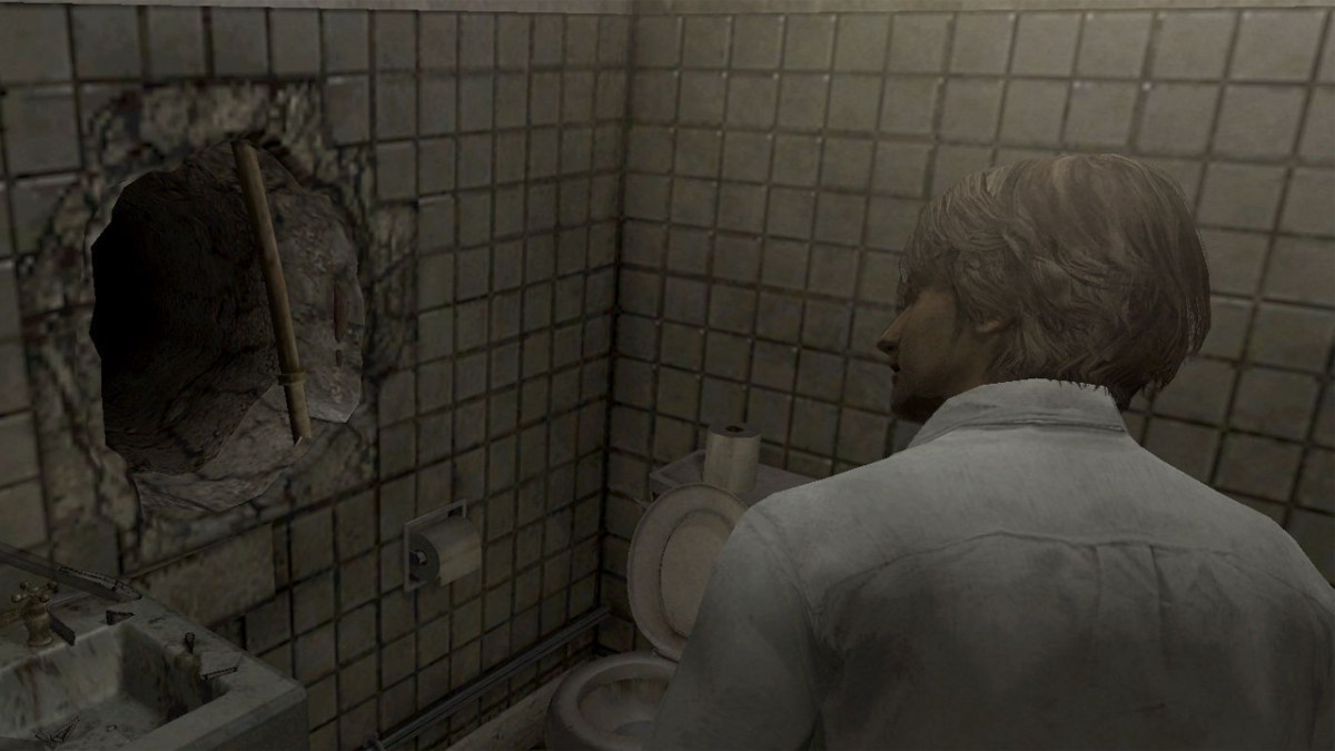 Henry Townshend in Silent Hill 4: The Room, looking at a hole in his bathroom wall. 