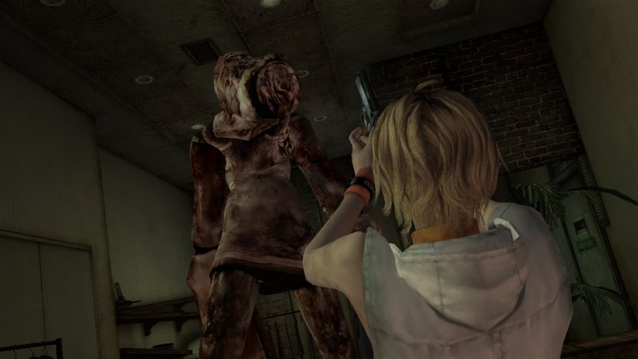 Silent Hill, Heather, a blonde woman in a white jacket, holding a gun at a strange bobble-headed monster.