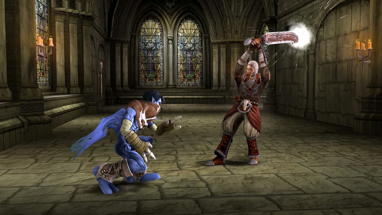 Legacy of Kain: Soul Reaver, Raziel leaning back from an enemy who's swinging a sword at him.