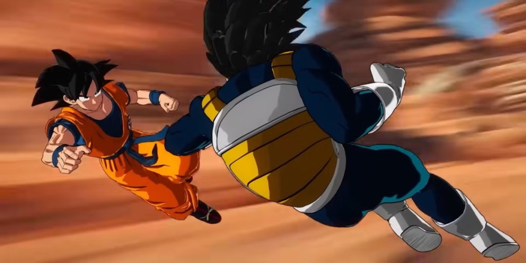 Goku and Vegeta spar in a canyon in Sparking Zero